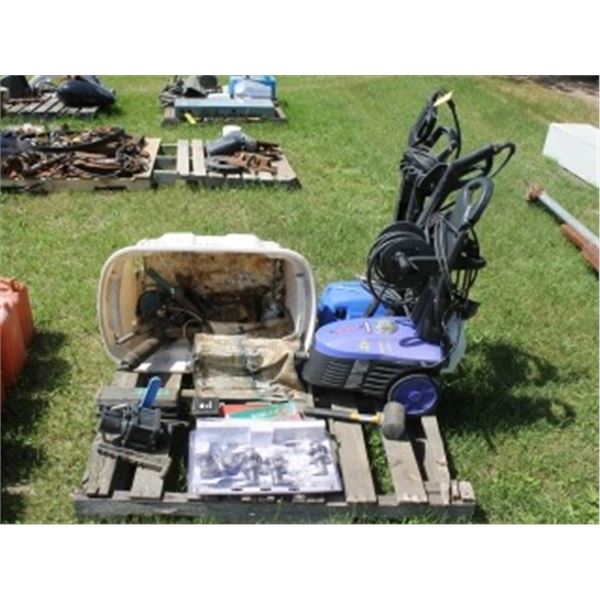 2 PRESSURE WASHERS, SCISSORS, HAMMER, DOOR KNOBS, CRESCENT & ASST WRENCHES