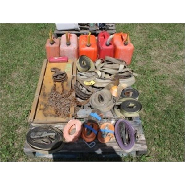 5 JERRY CANS, TIE DOWN STRAPS, CHAIN HOIST, C-CLAMPS & CREEPER