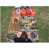 Image 1 : 5 JERRY CANS, TIE DOWN STRAPS, CHAIN HOIST, C-CLAMPS & CREEPER