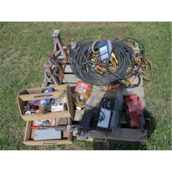 QUANTITY OF NEW LIGHTS, WRENCHES, SANDERS, WELL METER, PULLER, CAR STANDS, HEAVY CORD