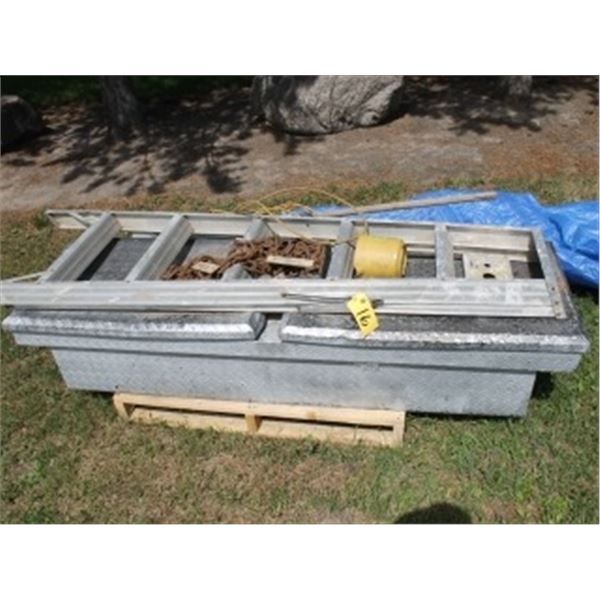 15' CHAIN, TRUCK TOOL BOX, 2 STEP LADDERS, SHOVELS, CORD, BARREL PUMP,   BLUE & GREEN TARPS