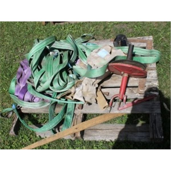 PALLET OF SLINGS, PAIL PUMP, TIRE WRENCHES, NEW LIGHT