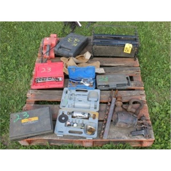 PALLET OF MISC TOOLS - AIR GRINDER, PRESSURE TESTER, PAINT GUN, DRILL BITS, CARPENTERS APRON, STEP