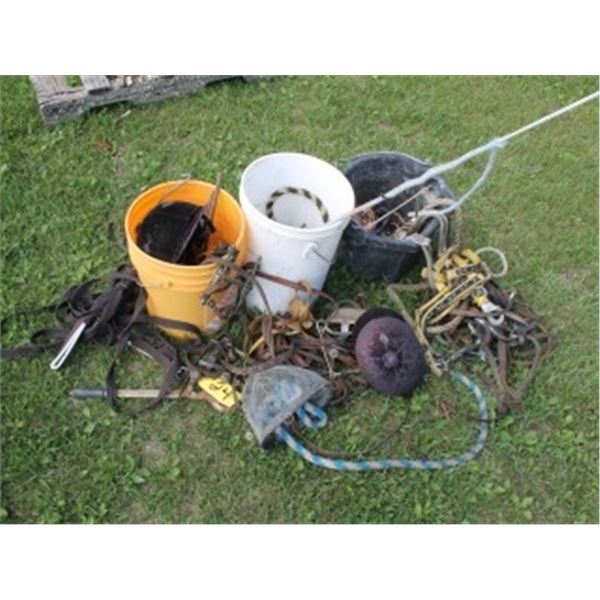 BURDIZO, BRIDLES, BITS, HORSE RIDING HELMETS, 3 PAILS OLD MISC HARNESSES