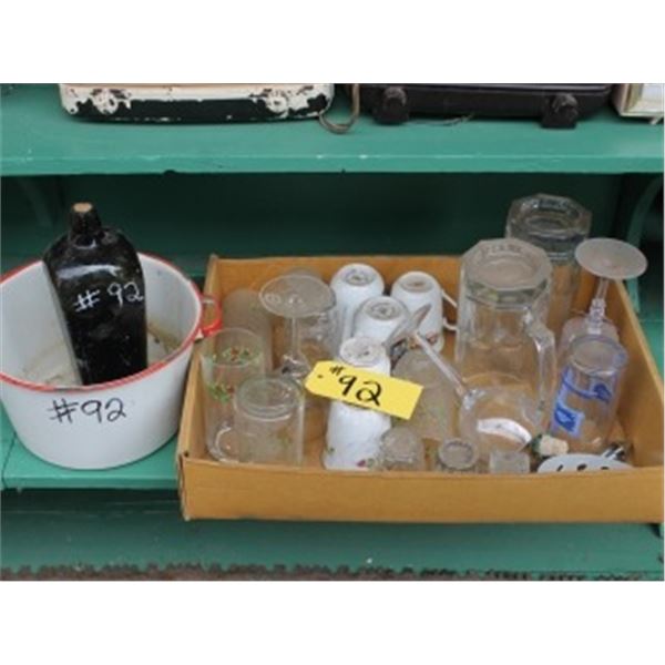 ANTIQUE CERAMIC POT, GLASS JUG, ASSORTED GLASSWARE