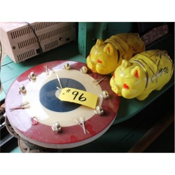 CURLING CLOCK, 2 YELLOW PLASTIC PIGGY BANKS