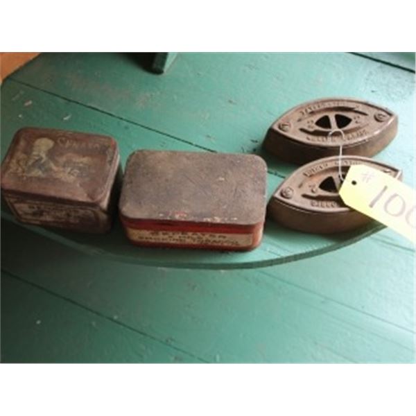 2 SAD IRONS & 2 VERY OLD TINS C/W MISC