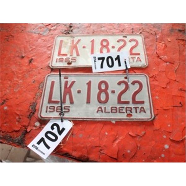 (LOT 701/702)  ALBERTA LICENCE PLATE SET DATED 1965 (PER PLATE TIMES 2)