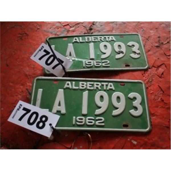 (LOT 707/708) ALBERTA LICENCE PLATE SET DATED 1962 (PER PLATE TIMES 2)