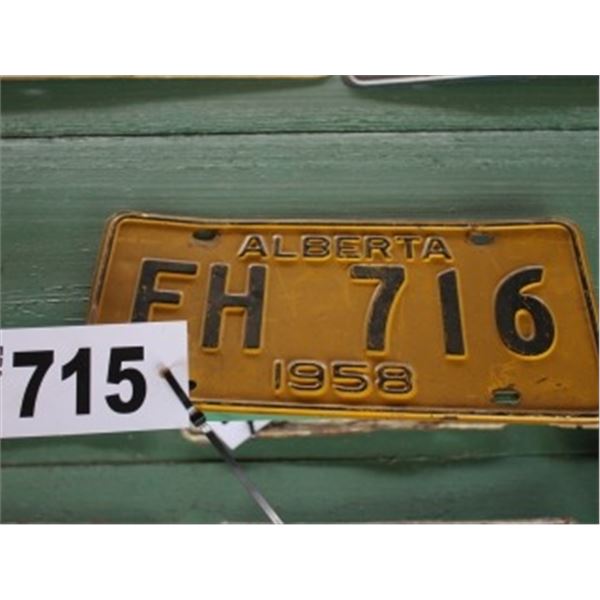 ALBERTA LICENCE PLATE DATED 1958