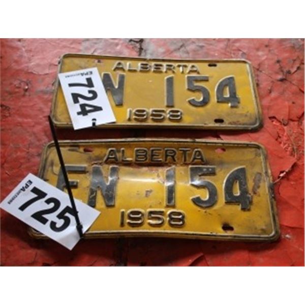 (LOT 724/725)  ALBERTA LICENCE PLATE SET DATED 1958 (PER PLATE TIMES 2)