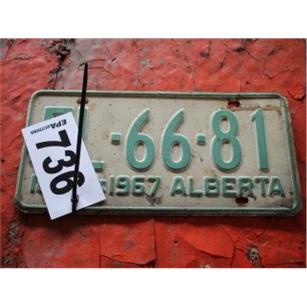 ALBERTA LICENCE PLATE DATED 1967
