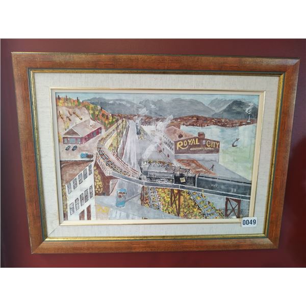 Framed Canvas Painting of Train Going Through Town in Mountains by Lorne Day