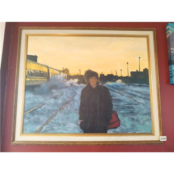 Framed Canvas Painting of Woman Standing in Train Station