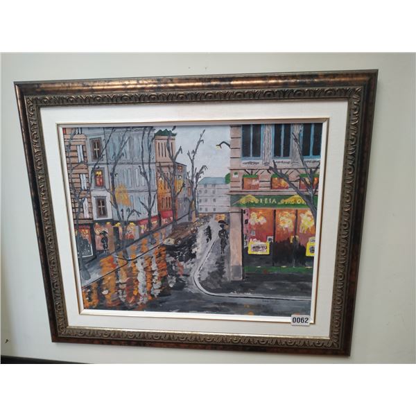 Framed Canvas Painting of a City Street on a Rainy Day by Lorne Day