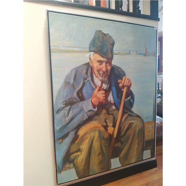 Framed Canvas Painting of Elderly Man Smoking Pipe by Crane Thomas