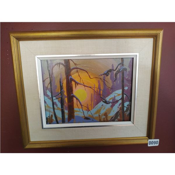 Framed Canvas Painting of Sun Setting in Snowy Mountains