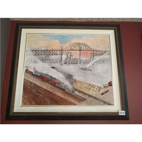 Framed Canvas Painting of Train & Bridge by Lorne Day