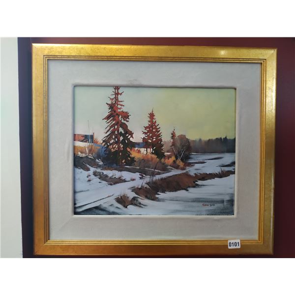 Framed Canvas Painting Spruce Trees in Winter