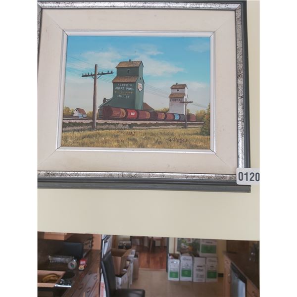 Framed Canvas Painting of Train Passing Alberta Wheat Mills