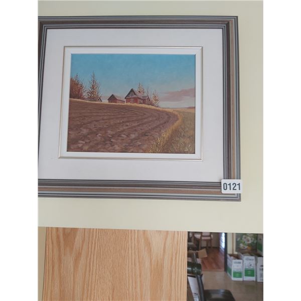 Framed Painting of Barns in Country Field by T. Haire
