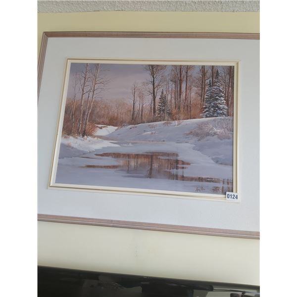 Framed Acrylic Painting of Wintery River Scene by Jean Peters