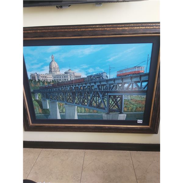 Framed Canvas Painting of Train & Trolly on Bridge