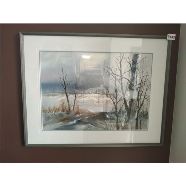 Framed Watercolor Painting of Wintery Country Scene