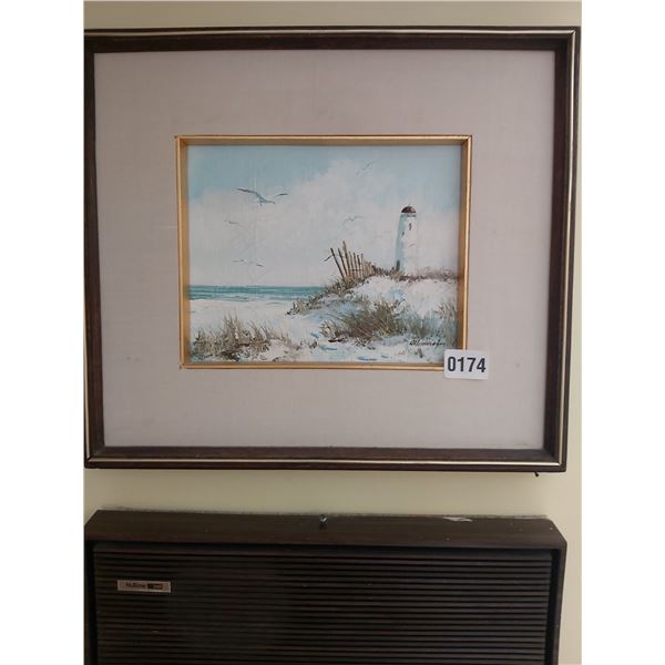 Framed Painting of Lighthouse on Beach