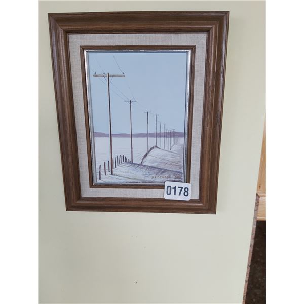 Framed Watercolor Painting of Powerlines in Country