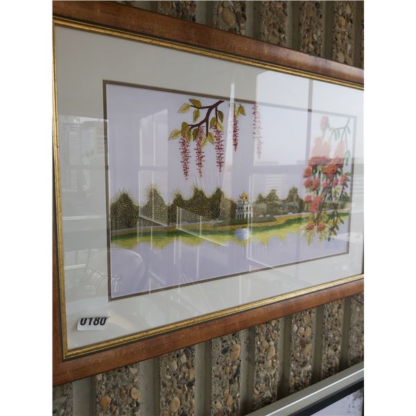 Framed Picture of Chinese Temple on Lake Shore