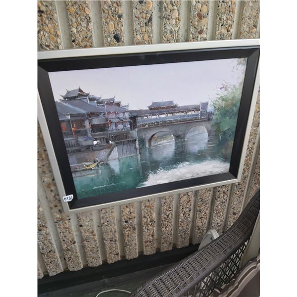 Framed Painting of Chinese House on Lake Shore