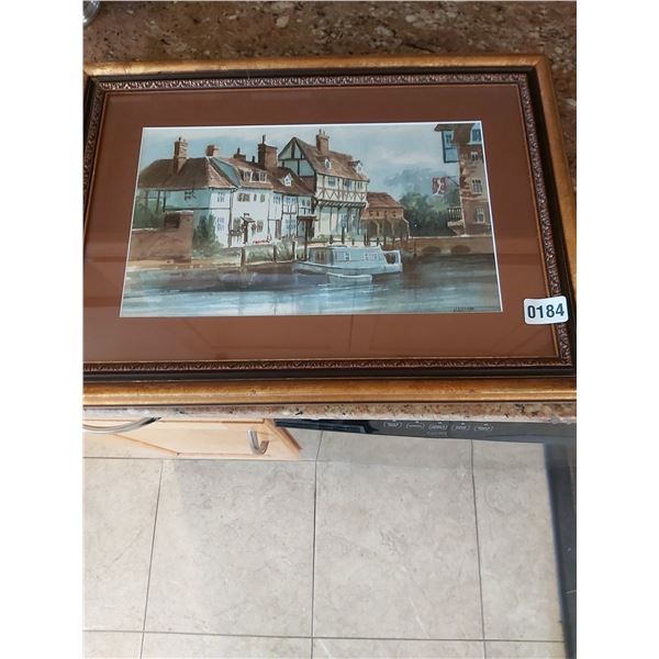 Framed Watercolor Painting of Roverside Houses & Docked Boats