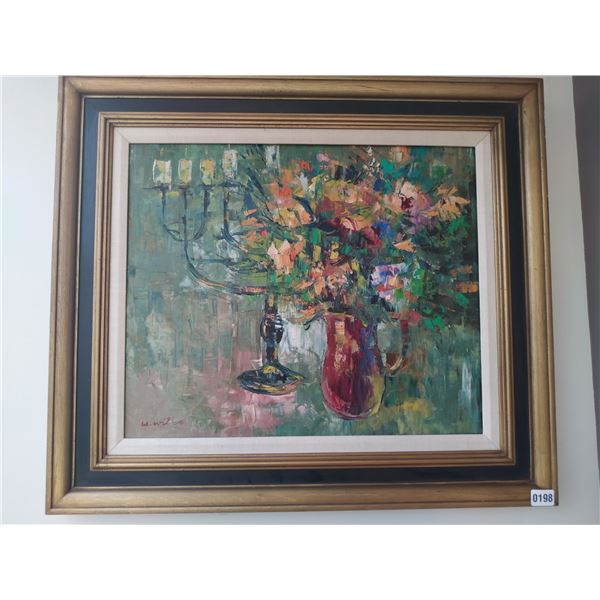 Framed Canvas Painting of Bouquet of Flowers & Candle Holder
