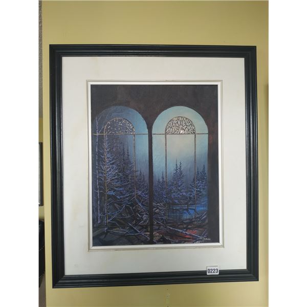 Framed Canvas Painting of a Forest Scene Through Windows