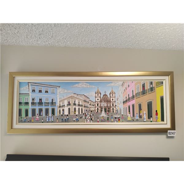 Framed Canvas Painting of People in City Square