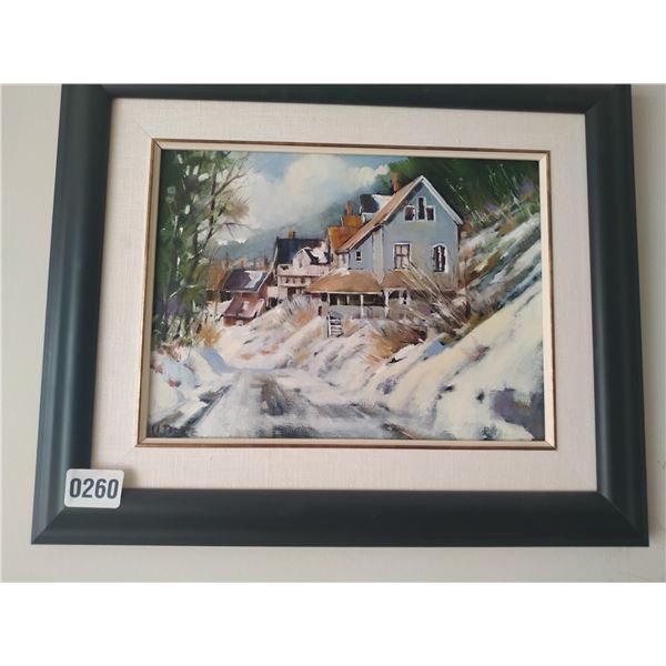 Framed Canvas Painting of Country Houses in Winter