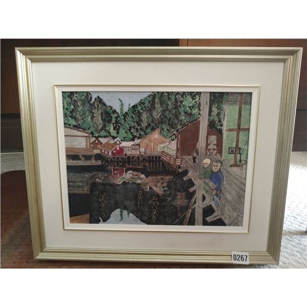 Framed Canvas Painting of People on Dock