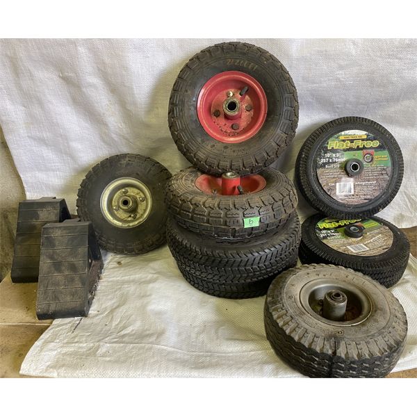 LOT OF 8 - WHEELBARROW / CART TIRES - AS NEW & 2 X CHOCKS