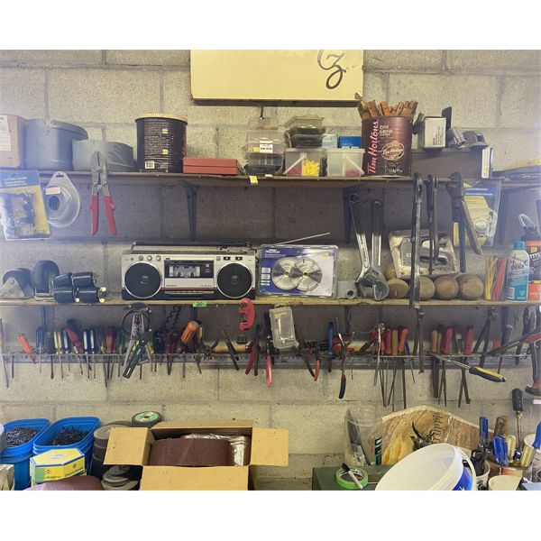 JOB LOT - HAND TOOLS, HARDWARE, RADIO, ETC 