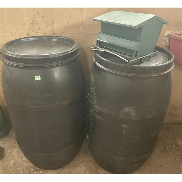 LOT OF 2 POLY BARRELS - 25+ GAL & TIN BIRD FEEDER