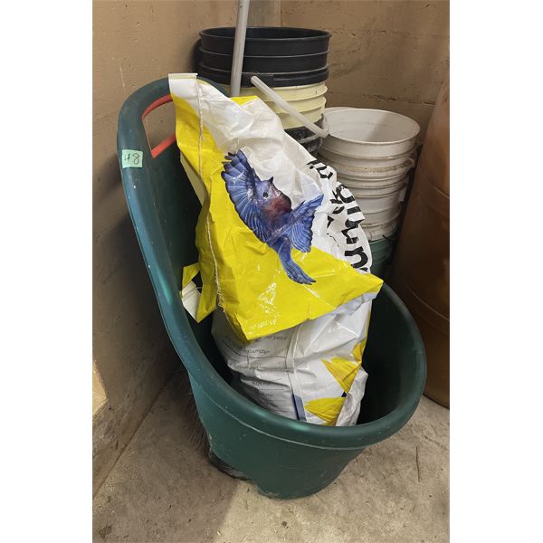 JOB LOT OF WHEELED SUPPLY TUB, PAILS.