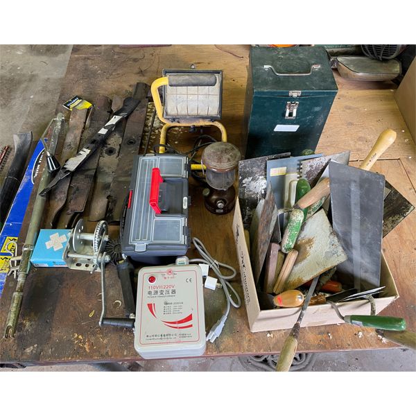 JOB LOT - MOWER BLADES, POWER TRANSFORMER, TROWELS, ETC