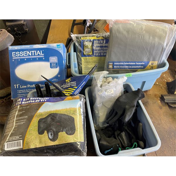 JOB LOT - NEW GLOVES, TARPS, BRACKETS, CEILING LIGHT
