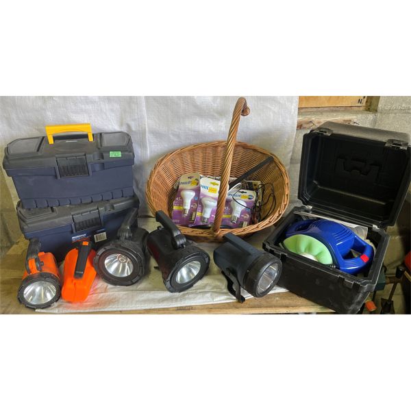 JOB LOT - CAR POLISHER, FLASHLIGHTS, NEW TOOL BOXES, ETC