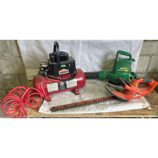 LOT OF 3 - JOBMATE COMPRESSOR, WEED EATER LEAF BLOWER, B&D HEDGE TRIMMER