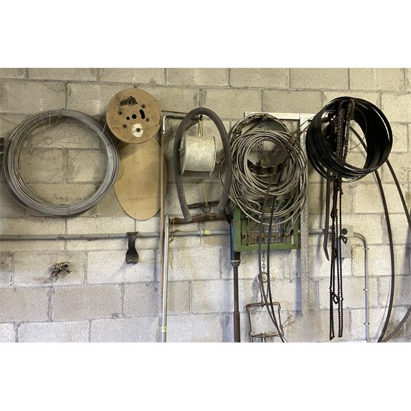 JOB LOT ON WALL INCL WIRE, BANDSAW BLADES, MISC.