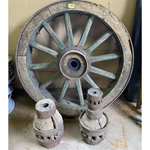 HEAVY WOODEN, IRON BOUND, 32" WAGON WHEEL & 2 X WHEEL HUBS