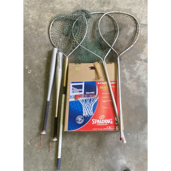 LOT OF 6 - FISHING NETS, BASKETBALL NET (NEW), BASEBALL BATS
