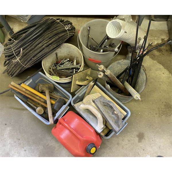 JOB LOT - HOSE, WRENCHES, MALLETS, TROWELS, JERRY CAN, ETC